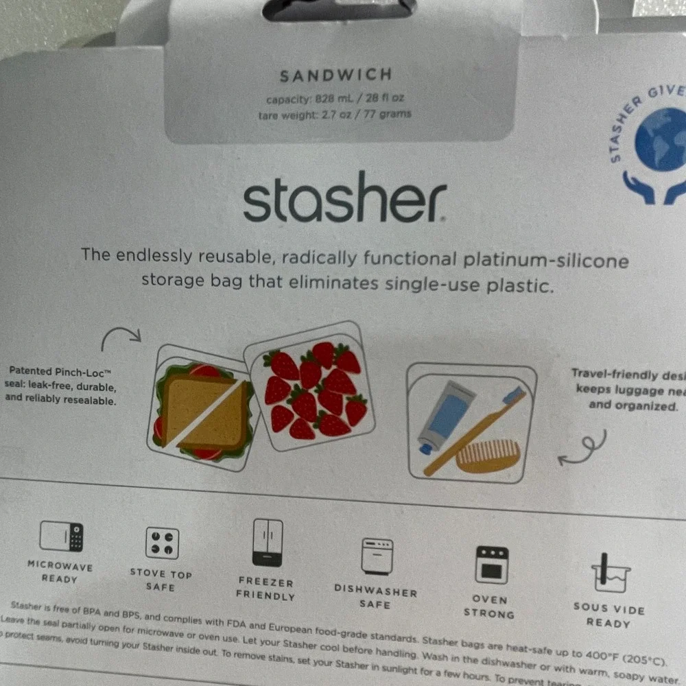 NEW Stasher Reusable Platinum Silicone Sandwich Storage Bag Clear Set of 2